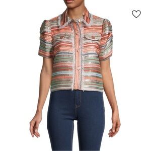 Ramy Brooks Marion Fringe-Trim Puff Sleeve Top Sz 6